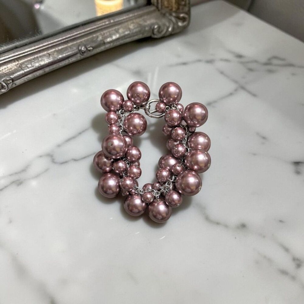 Pink Cha Cha Faux Pearl Cluster Bracelet, Chunky Beaded Statement Bracelet